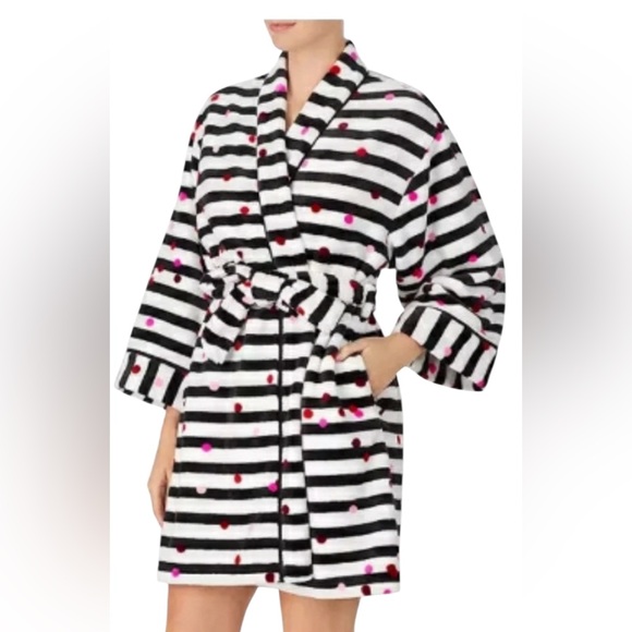 Kate Spade NY Polka Dot Striped Fleece Robe Size M - Picture 8 of 12